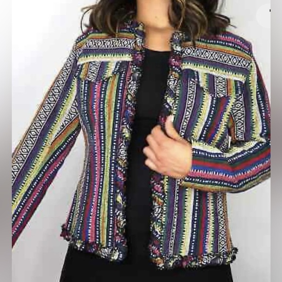Chico's Jackets & Blazers - ♟️Chico’s Vintage 90’s Multi Color Rainbow Embroidered Boho Cotton Jacket Size M